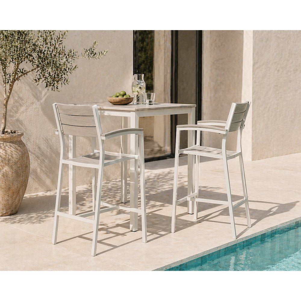 Aluminum Outdoor Patio Bar Stool with Armrests and Cushioned Seat. Picture 2