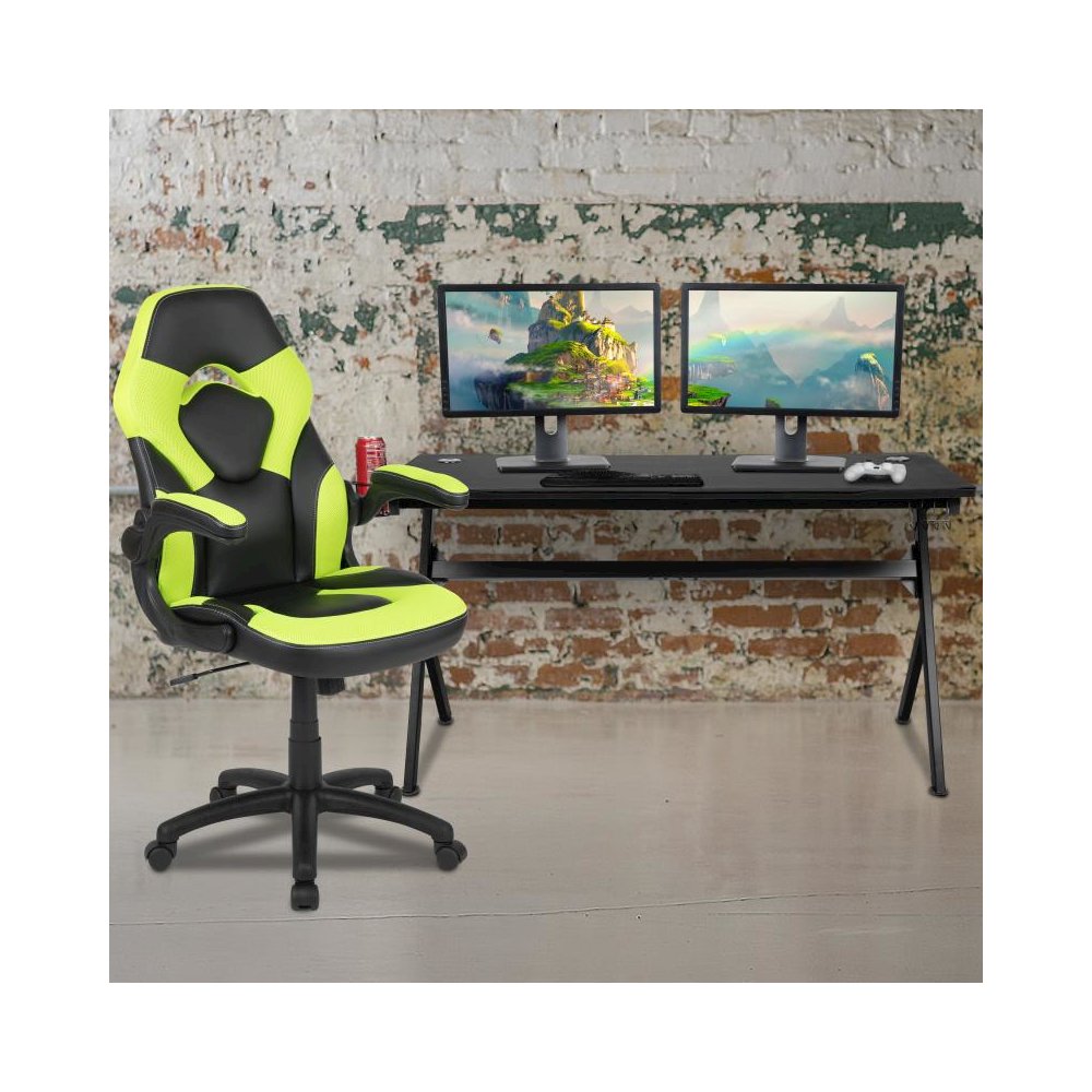 Gaming Desk and Green/Black Racing Chair Set /Cup Holder/Headphone Hook/Removable Mouse Pad Top - 2 Wire Management Holes. Picture 2