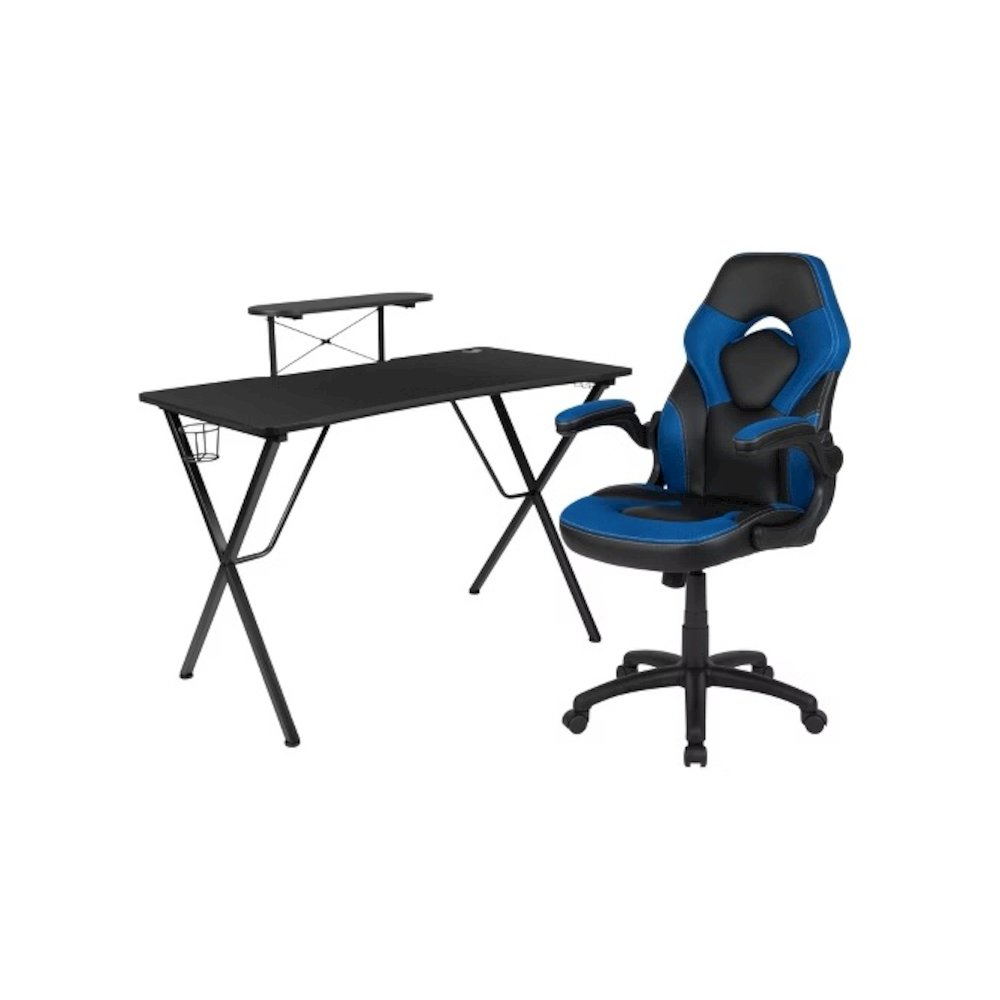 Black Gaming Desk and Blue/Black Racing Chair Set with Cup Holder, Headphone Hook, and Monitor/Smartphone Stand. Picture 1