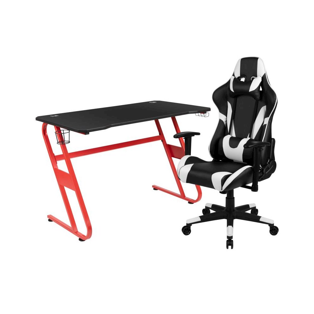Red Gaming Desk and Black Reclining Gaming Chair Set with Cup Holder and Headphone Hook. Picture 1