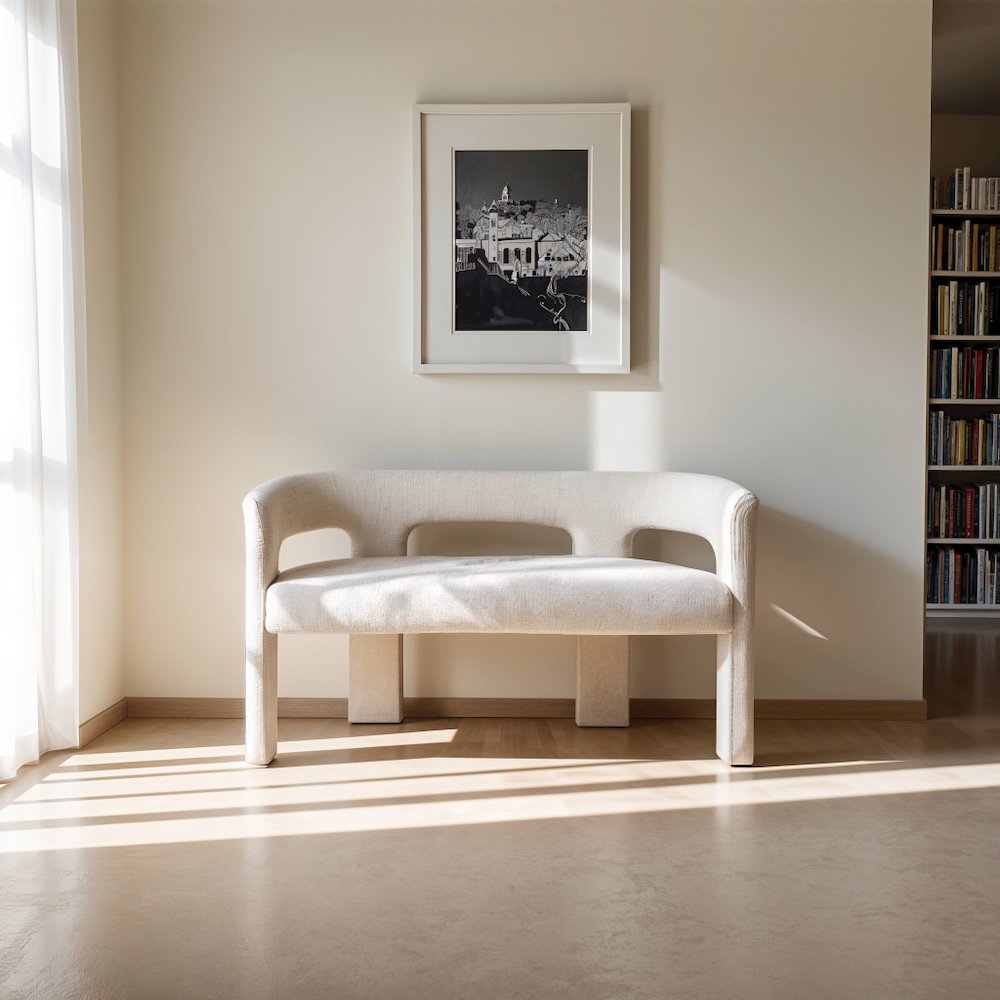 Elegant Brown Upholstered Sculpture Bench with Jacquard Fabric and Plywood Frame. Picture 5