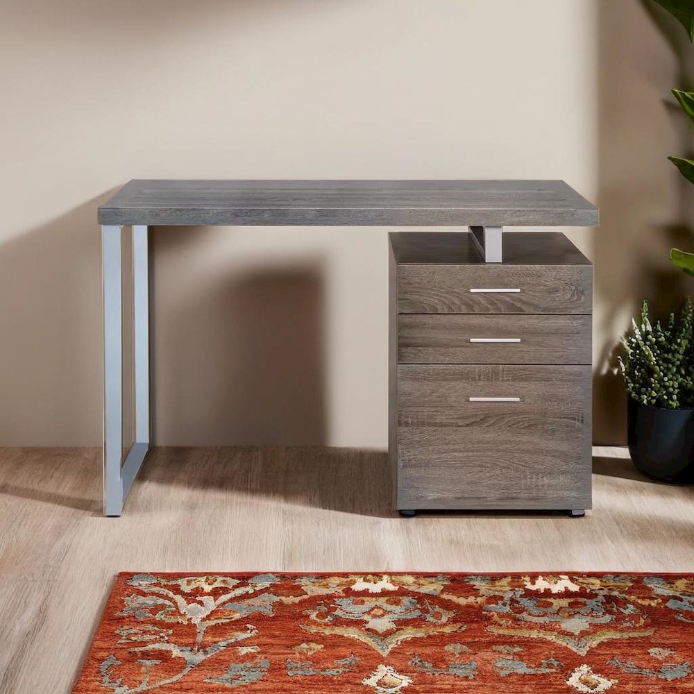 Weathered Grey 3-Drawer Office Desk with Functional Storage Solutions. Picture 4