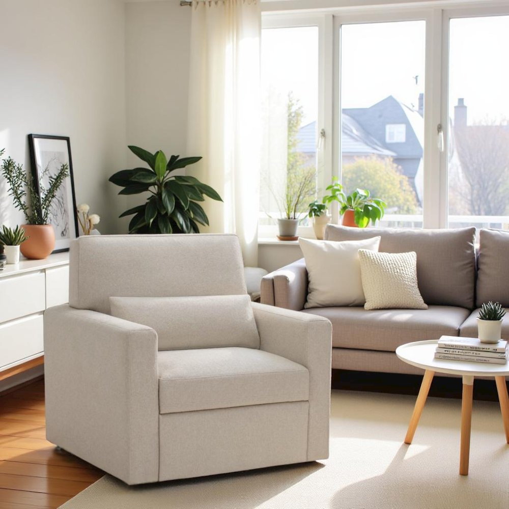 Modern Swivel 35-Inch Chair in Beige Boucle – Unique Chair for Bedroom Use. Picture 3