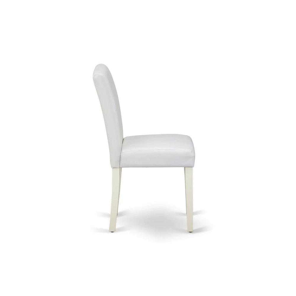 3 Piece Modern Dining Table Set Contains a Round Kitchen Table with Pedestal and 2 White Faux Leather Upholstered Chairs, 36x36 Inch, Linen White. Picture 6