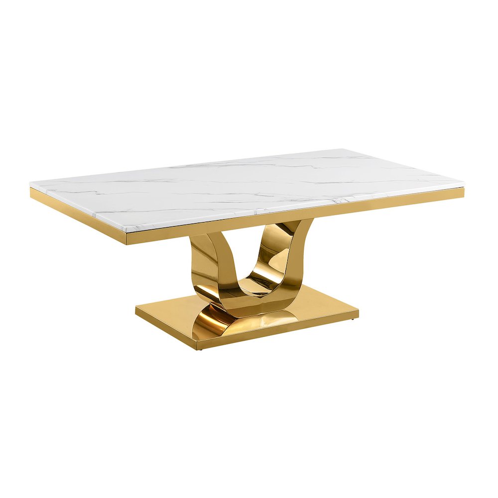 White marble Coffee table with a gold color stainless steel base. Picture 1