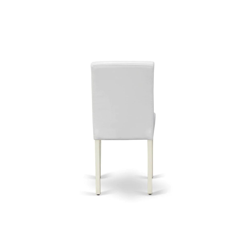 3 Piece Modern Dining Table Set Contains a Round Kitchen Table with Pedestal and 2 White Faux Leather Upholstered Chairs, 36x36 Inch, Linen White. Picture 4