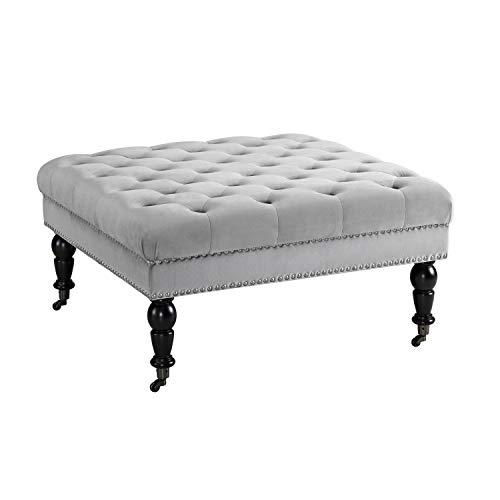 Isabelle Gray Velvet Square Tufted Ottoman. Picture 1