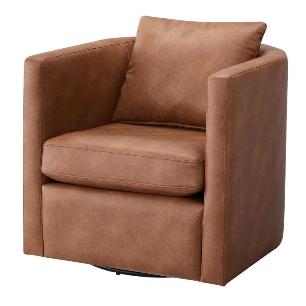 Brown Faux Leather Swivel Barrel Chair with Cushioned Seat. Picture 7