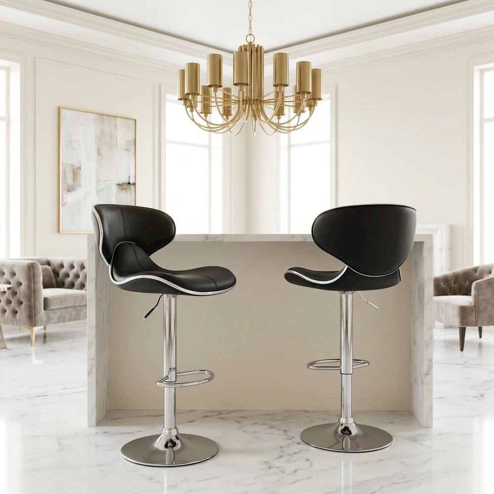 Black Leatherette Adjustable Swivel Barstool with Chrome Base, Set of 2. Picture 6