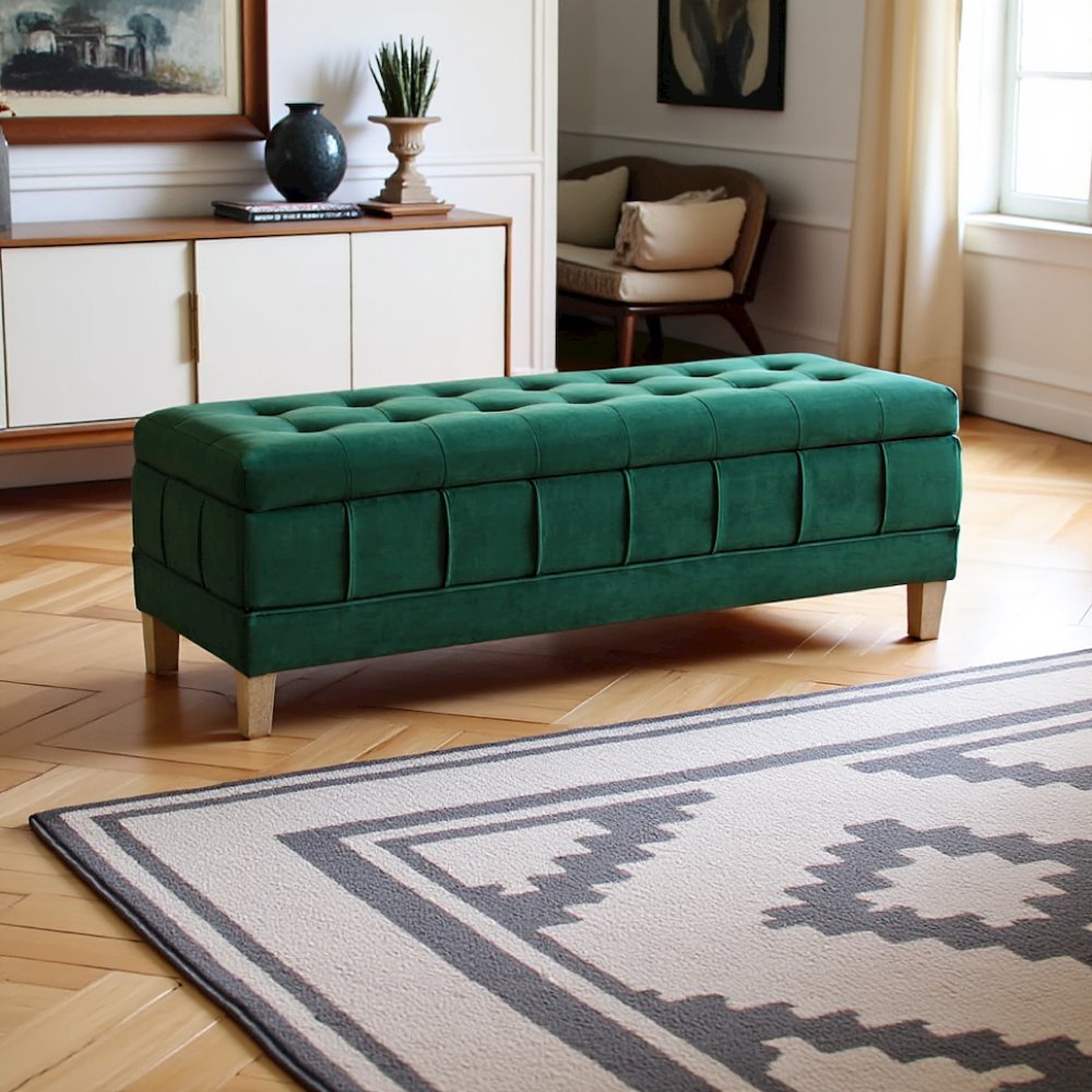 Green Tufted Storage Ottoman Bench with Rubberwood Frame for Entryway. Picture 12