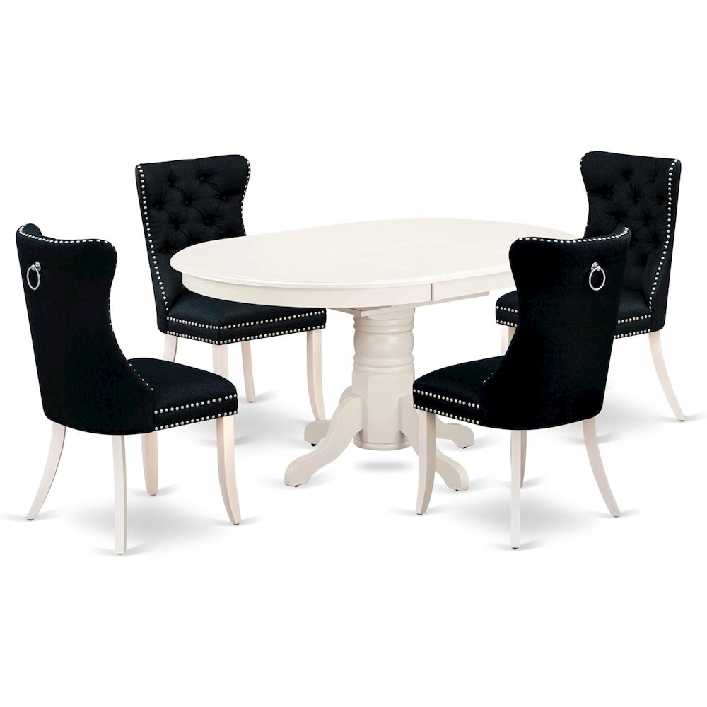 East West Furniture Avon 5 Piece Kitchen Set Consists of an Oval Dining Table with Butterfly Leaf and 4 Upholstered Chairs, 42x60 Inch, Linen White. Picture 1