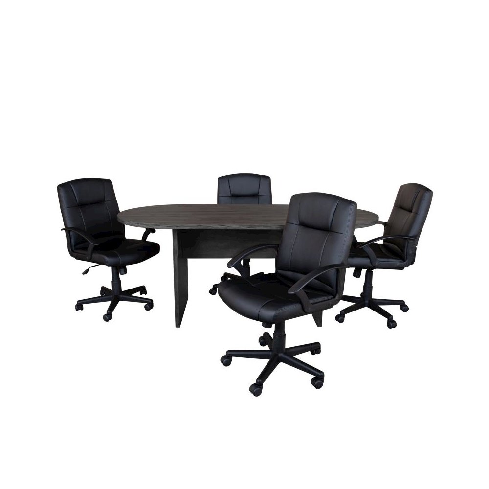 5 Piece Rustic Gray Oval Conference Table Set with 4 Black LeatherSoft-Padded Task Chairs. Picture 1