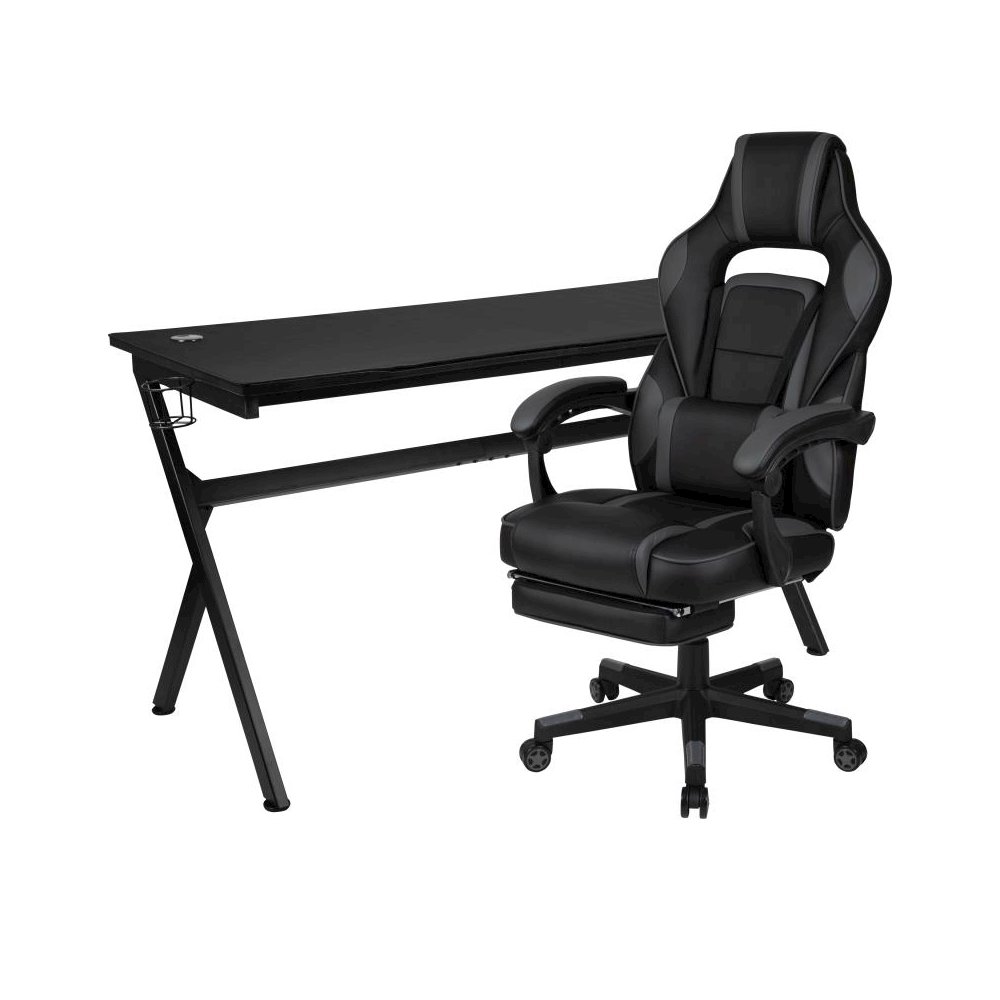 Gaming Desk with Cup Holder/Headphone Hook/Removable Mousepad Top & Black Reclining Back/Arms Gaming Chair with Footrest. Picture 1
