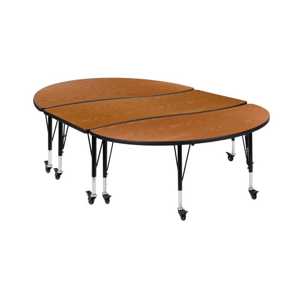 3 Piece Mobile 86" Oval Wave Flexible Oak Thermal Laminate Activity Table Set - Height Adjustable Short Legs. Picture 1