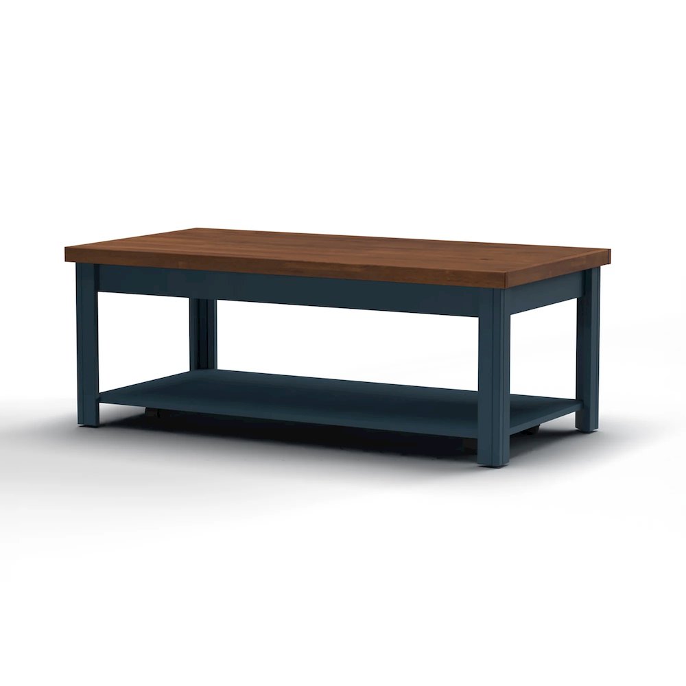 Blue Denim and Whiskey Brown Finish Open Storage Coffee Table. Picture 1