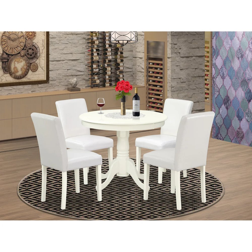 5 Piece Dining Room Table Set Includes a Round Kitchen Table with Pedestal and 4 White Faux Leather Upholstered Parson Chairs, Linen White. Picture 10