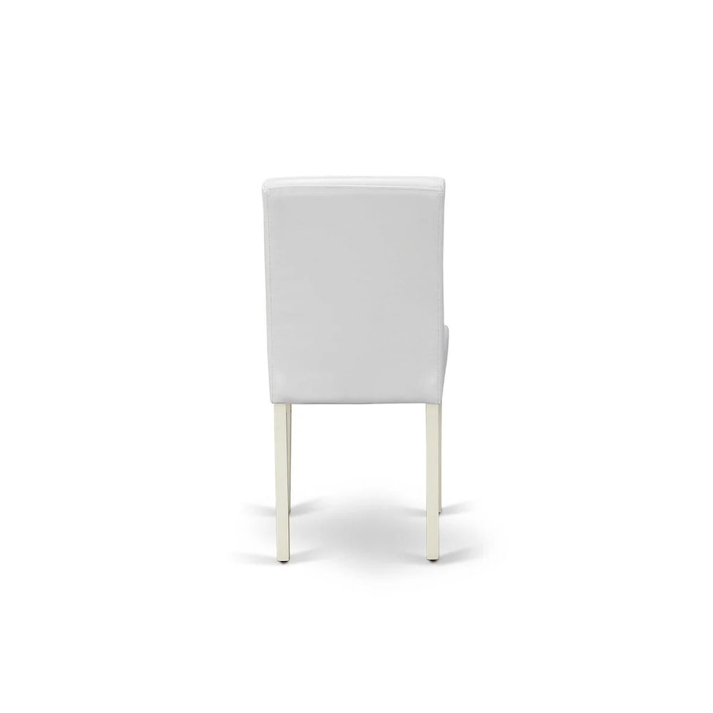 5 Piece Dining Room Table Set Includes a Round Kitchen Table with Pedestal and 4 White Faux Leather Upholstered Parson Chairs, Linen White. Picture 6