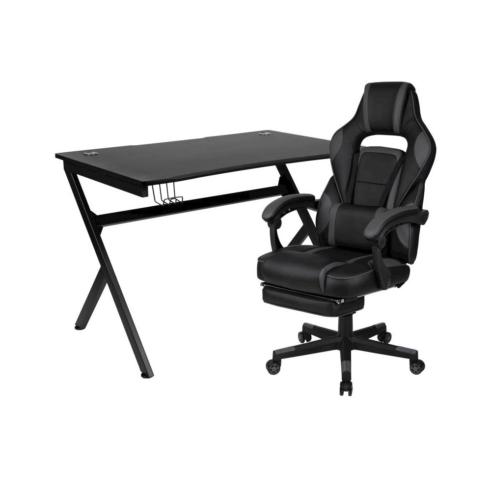 Black Gaming Desk with Cup Holder/Headphone Hook/2 Wire Management Holes & Black Reclining Back/Arms Gaming Chair with Footrest. Picture 1