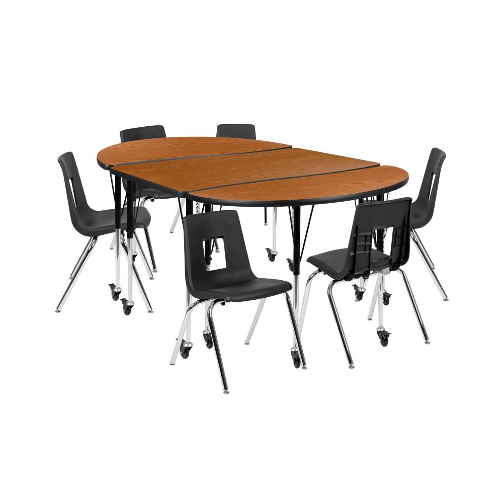 Mobile 76" Oval Wave Flexible Laminate Activity Table Set with 18" Student Stack Chairs, Oak/Black. Picture 1