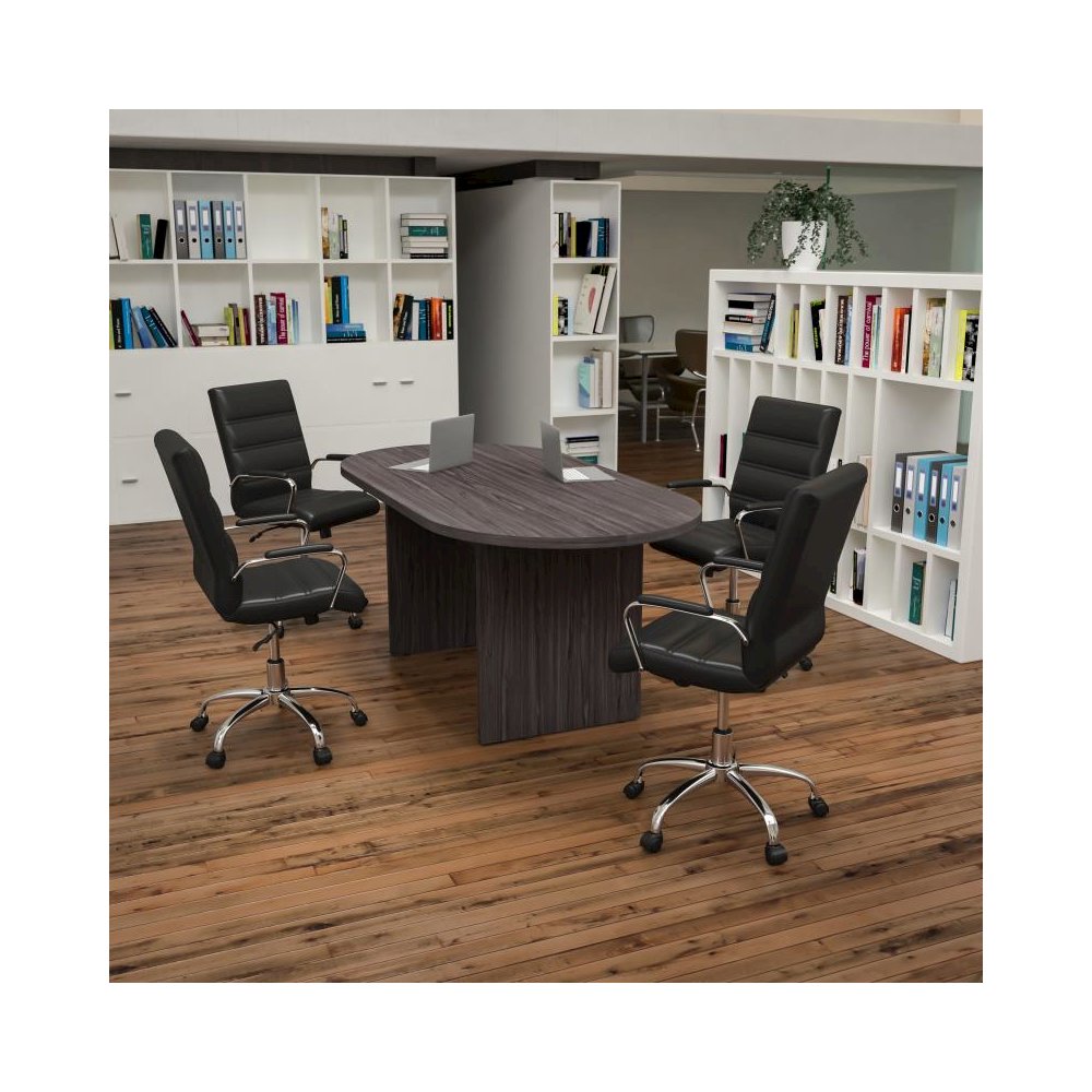 5 Piece Rustic Gray Oval Conference Table Set with 4 Black and Chrome LeatherSoft Executive Chairs. Picture 2