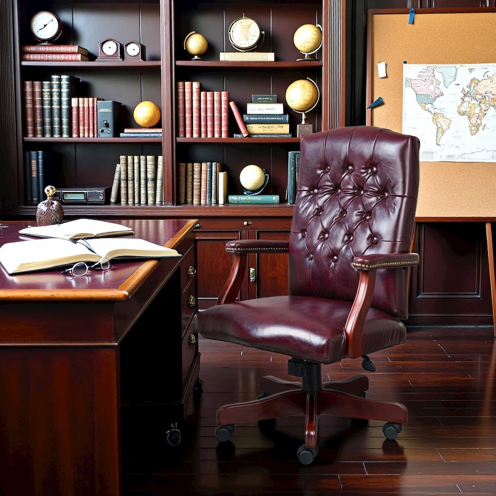 Tufted Executive Desk Chair in Burgundy Faux Leather With Mahogany Base. Picture 2