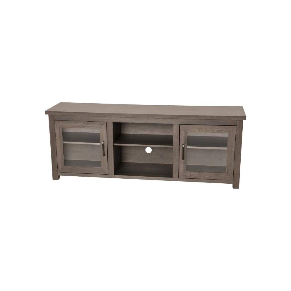 Classic TV Stand up to 80" TVs - Modern Black Wash Finish with Full Glass Doors  - 65" Engineered Wood Frame - 3 Shelves. Picture 1