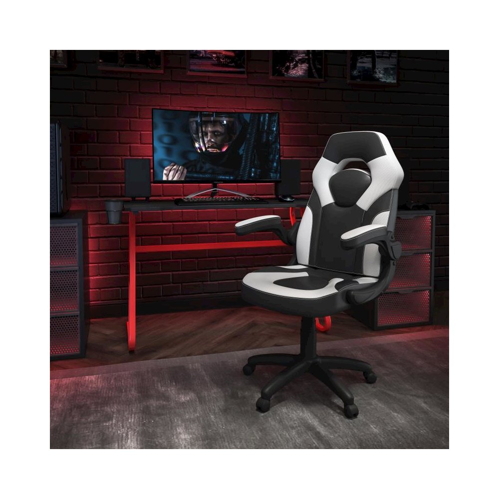 Red Gaming Desk and White/Black Racing Chair Set with Cup Holder and Headphone Hook. Picture 2