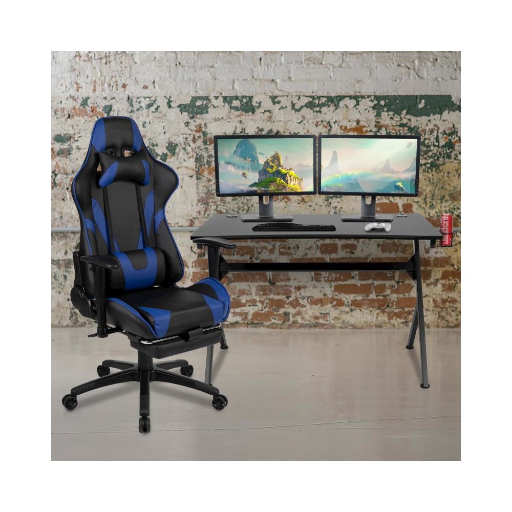 Black Gaming Desk and Blue Footrest Reclining Gaming Chair Set with Cup Holder, Headphone Hook & 2 Wire Management Holes. Picture 2