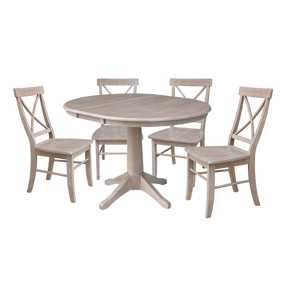 36" Round Extension Dining Table with Four Chairs, Washed Gray Taupe- 78819. Picture 1