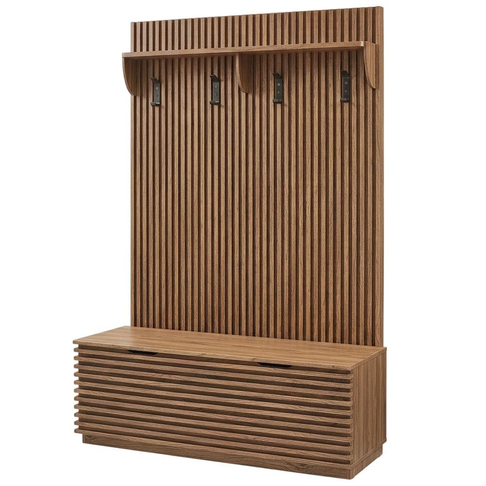 Fluted Hall Tree with Storage Bench, Coat Rack & Shoe Storage, Entryway, Walnut. Picture 1
