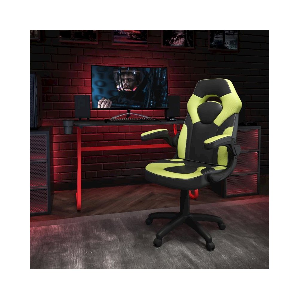Red Gaming Desk and Green/Black Racing Chair Set with Cup Holder and Headphone Hook. Picture 2