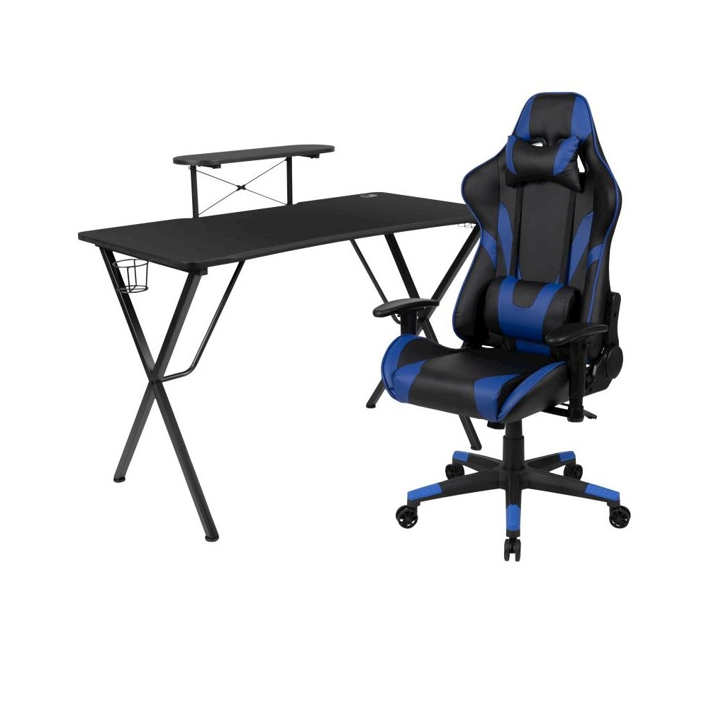 Black Gaming Desk and Blue Reclining Gaming Chair Set with Cup Holder, Headphone Hook, and Monitor/Smartphone Stand. Picture 1