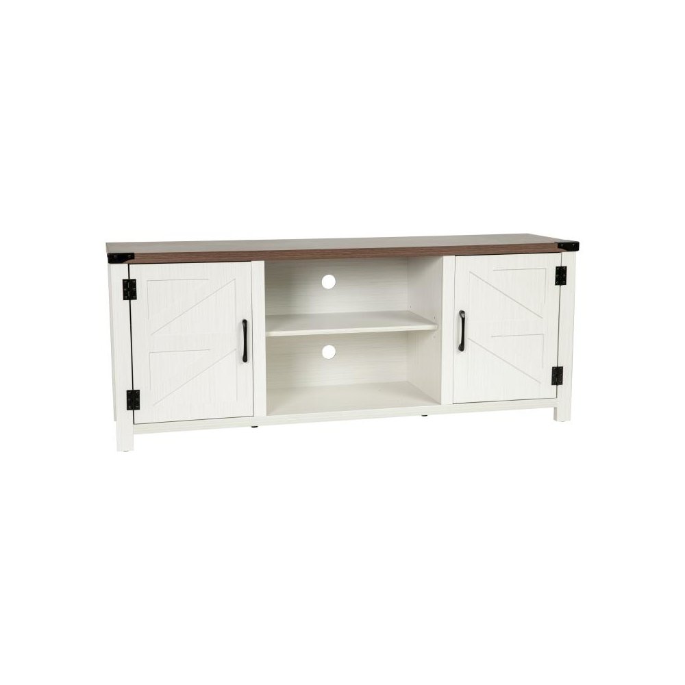Modern Farmhouse Barn Door TV Stand in White for TV's up to 65 Inches - 59 Inch Entertainment Center with Adjustable Shelf. Picture 1