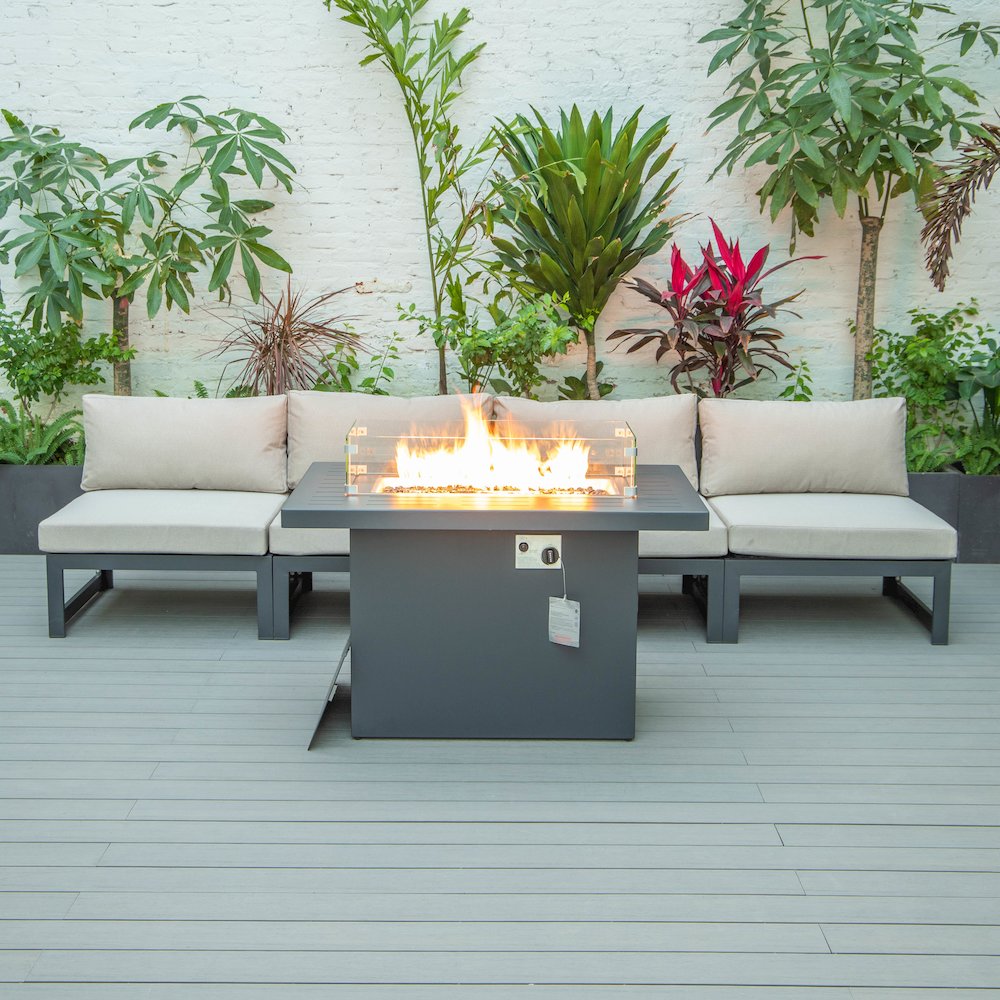 LeisureMod Chelsea 5-Piece Middle Patio Chairs and Fire Pit Table Set With Cushions, Beige. Picture 4