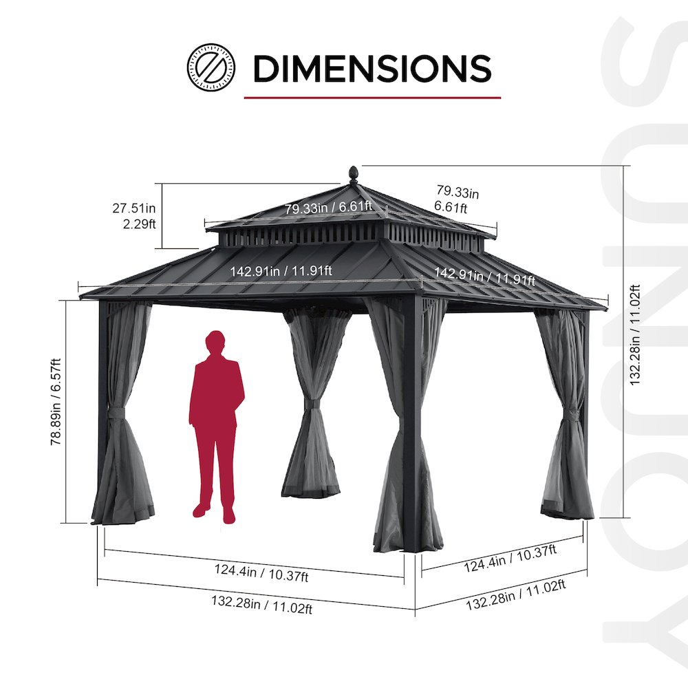12 ft x 12 ft Aluminum Frame Steel Double Roof Hardtop Rectangular Gazebo. Picture 7
