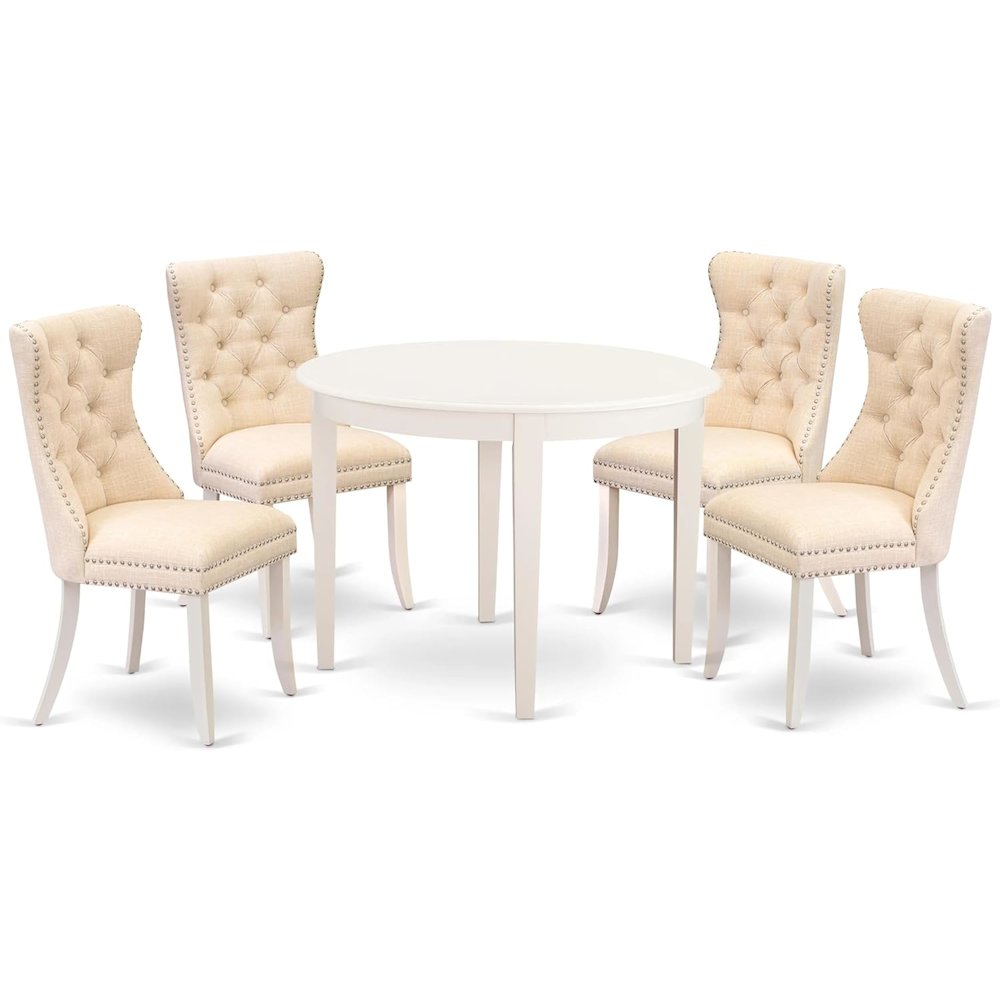 East West Furniture BODA5-WHI-32 5 Piece Kitchen Table Set Contains a Round Dining Table and 4 Upholstered Chairs, Linen White. Picture 1
