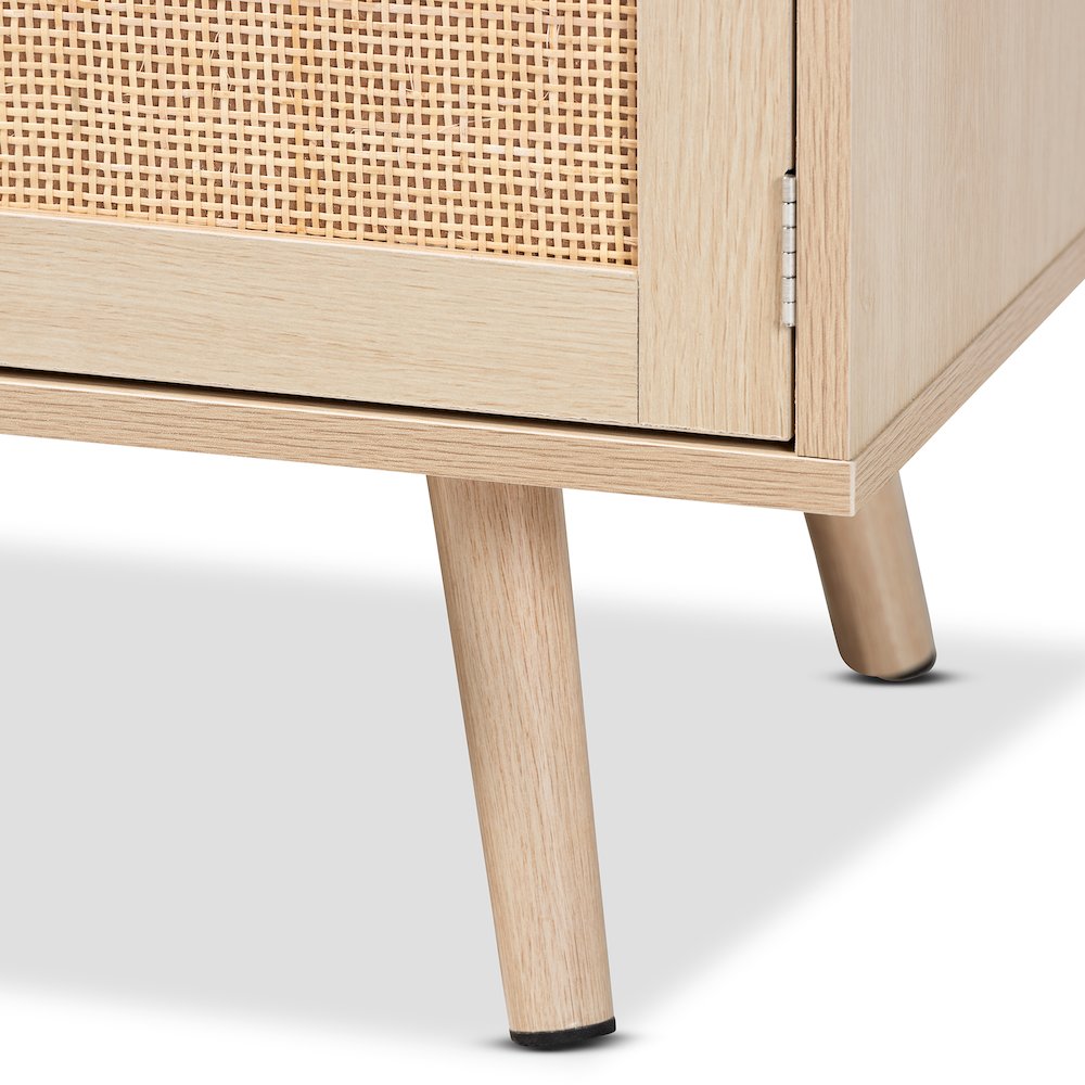 Mid-Century Modern Light Brown Finished Wood 2-Door TV Stand with Natural Rattan. Picture 7