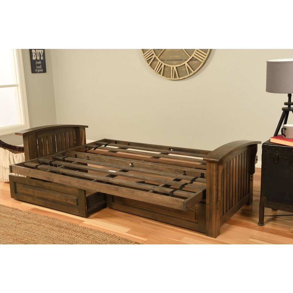 Washington Frame-Rustic Walnut Finish-Linen Charcoal Mattress-Storage Drawers. Picture 4