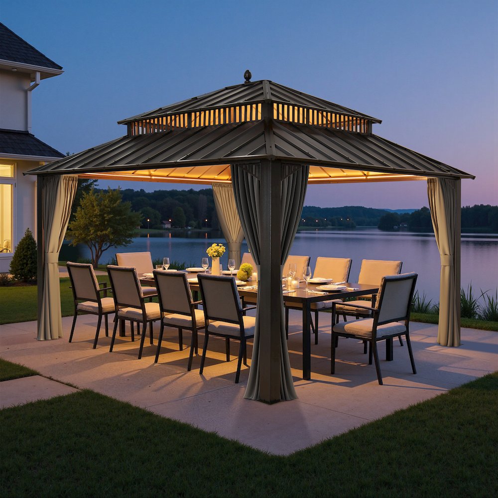 14 ft x 12 ft Aluminum Frame Steel Double Roof Hardtop Rectangular Gazebo, Grey. Picture 4