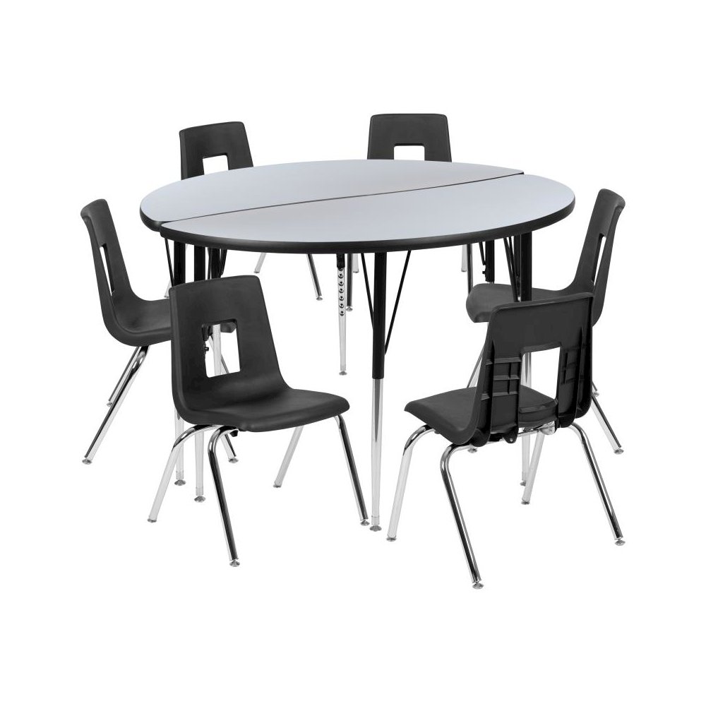 47.5" Circle Wave Flexible Laminate Activity Table Set with 18" Student Stack Chairs, Grey/Black. Picture 1