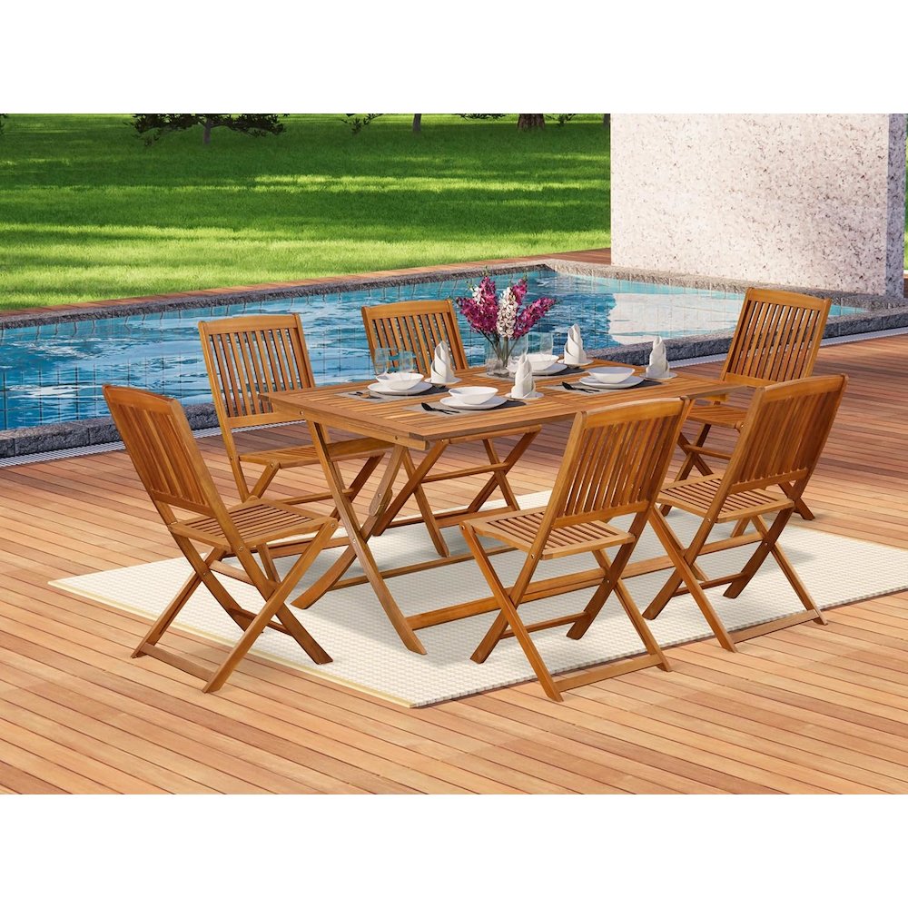 AECM7CWNA - 7 Piece Excellent Outdoor Patio Set-Beautiful Wooden Folding Table with 6 Arm Less Outdoor Chairs- Natural Oil Finish. Picture 2