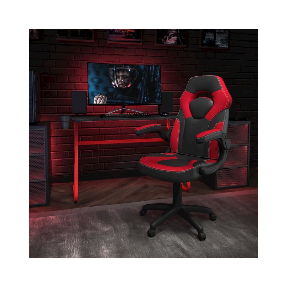 Red Gaming Desk and Red/Black Racing Chair Set with Cup Holder and Headphone Hook. Picture 2