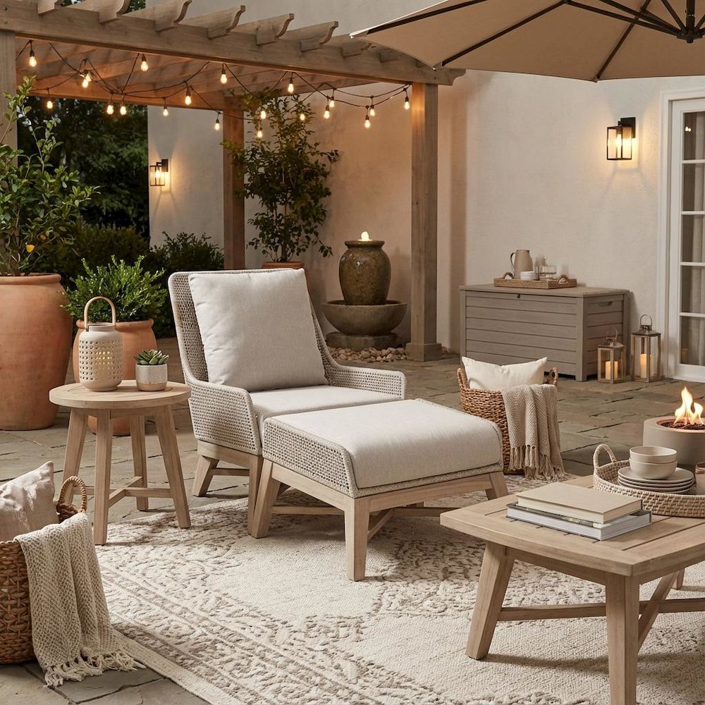 White Outdoor Footstool, Teak Base, Rope Weave, Removable Cushion. Picture 4