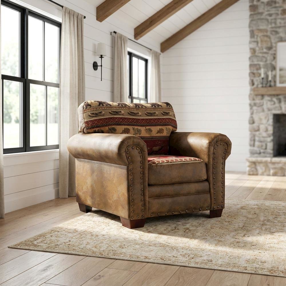 Cotton Microfiber Accent Armchair with Rustic Wooden Log Frame for Living Room. Picture 5