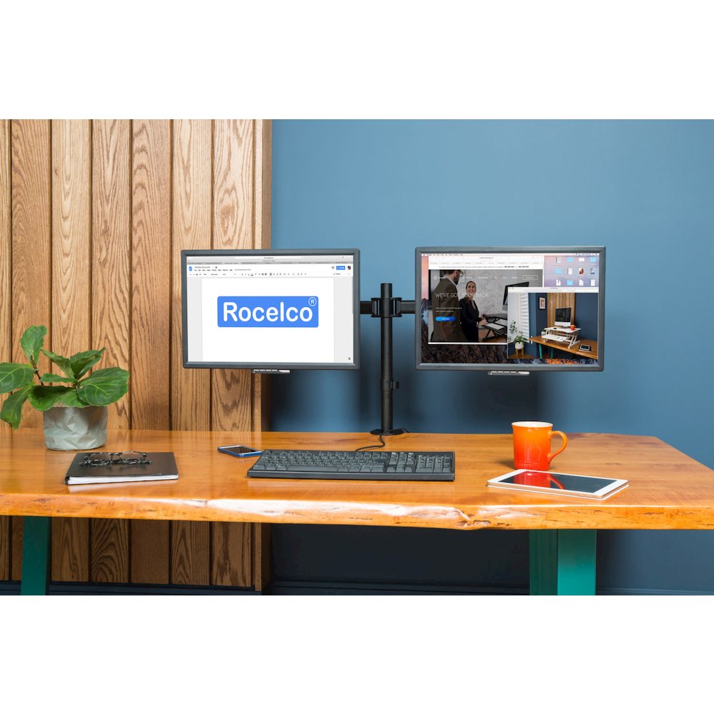 Rocelco Premium Desk Computer Monitor Mount - VESA pattern Fits 13" - 27" LED LCD Dual Flat Screen - Double Articulated Full Motion Adjustable Arm - Grommet and C Clamp - Black (R DM2). Picture 2