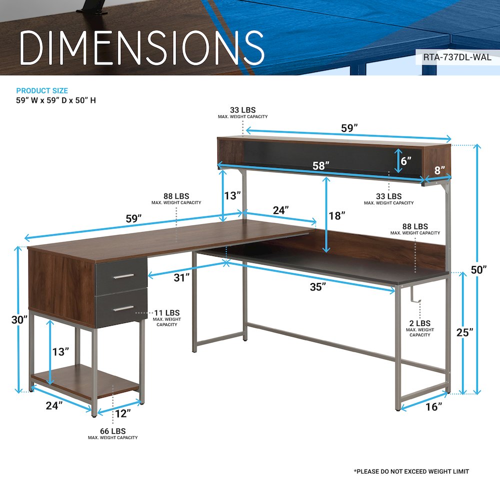 Techni Mobili L-Shape Desk with Hutch and Storage, Walnut. Picture 11