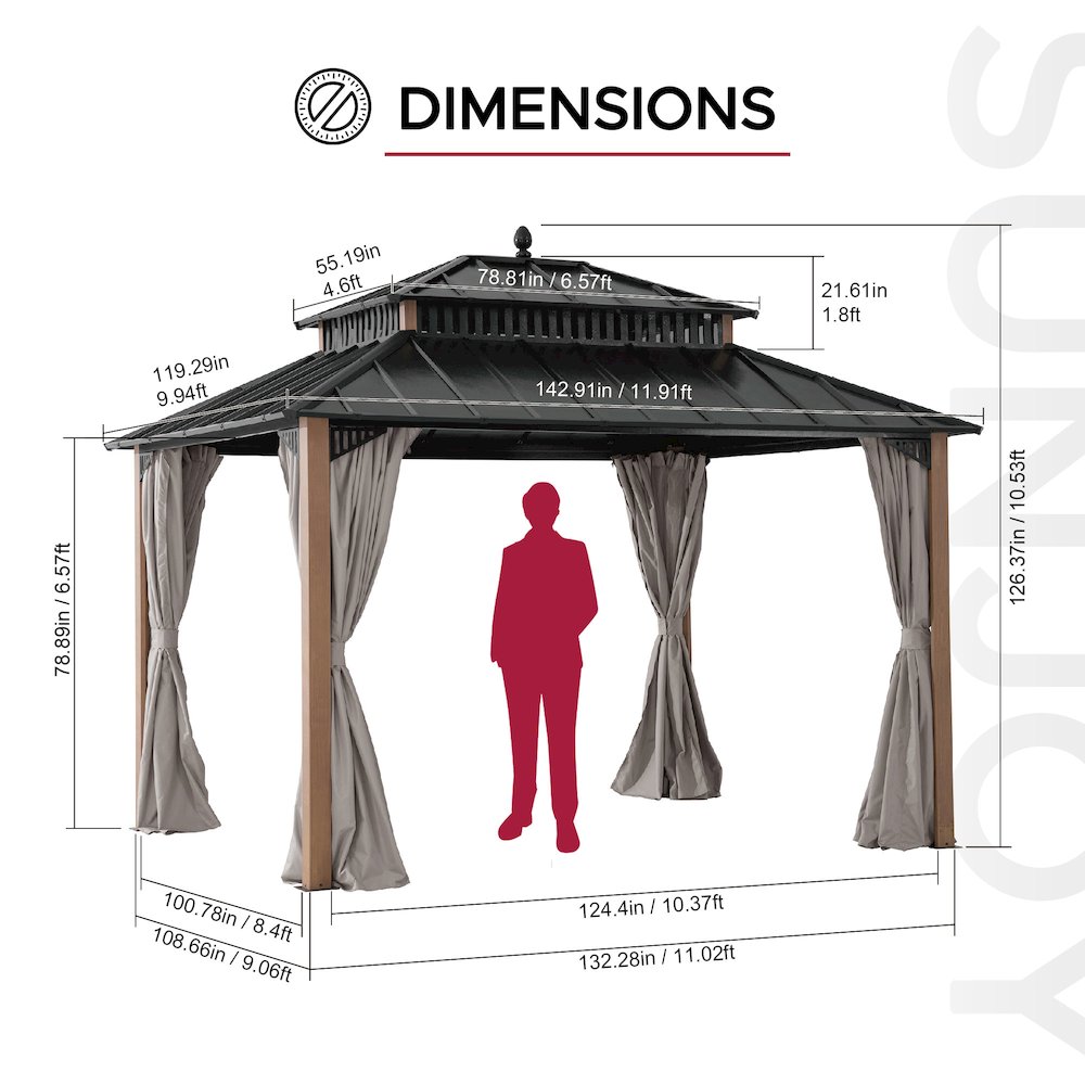 12 ft x 10 ft Hardtop Gazebo with Steel Roof, Woodgrain Aluminum Frame. Picture 7