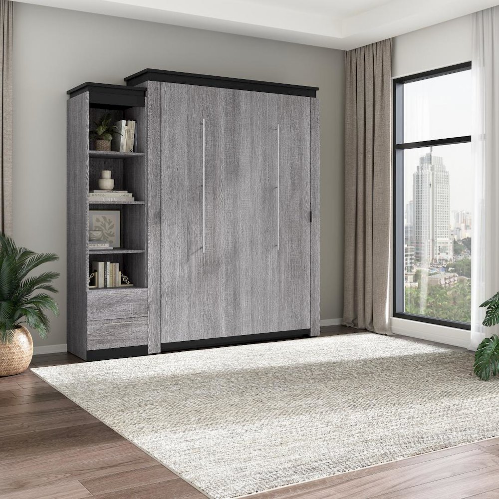 Queen Murphy Bed with Shelves and Drawers (87W) in White and Walnut Grey. Picture 14