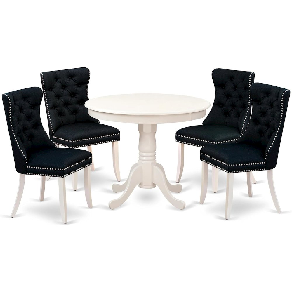 East West Furniture ANDA5-LWH-24 5 Piece Dining Room Set Consists of a Round Wooden Table with Pedestal and 4 Upholstered Chairs, Linen White. Picture 1