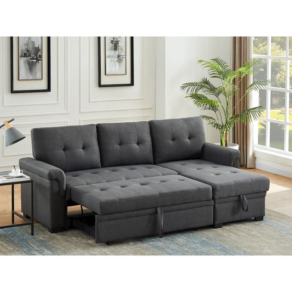 Lucca Dark Gray Linen Reversible Sleeper Sectional Sofa with Storage Chaise. Picture 4